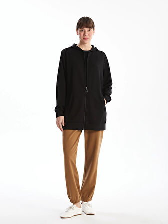 LCWAIKIKI Basic Siyah Kapüşonlu Oversize Kadın Fermuarlı Sweatshirt