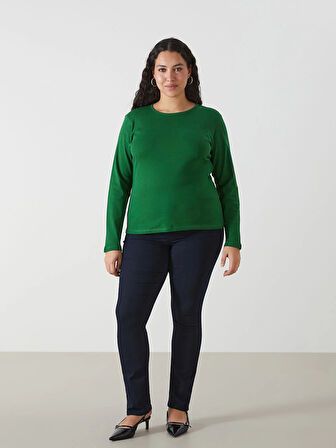 LCWAIKIKI Classic Yeşil Bisiklet Yaka Düz Uzun Kollu Kadın Body