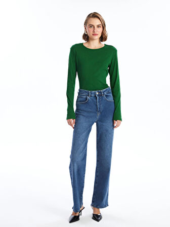 LCWAIKIKI Classic Yeşil Bisiklet Yaka Düz Uzun Kollu Kadın Body