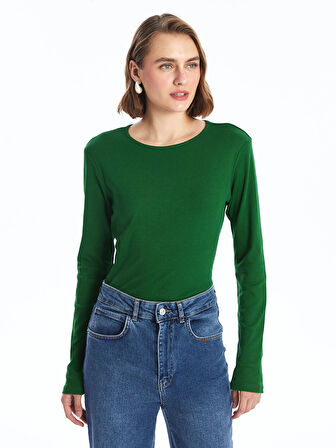 LCWAIKIKI Classic Yeşil Bisiklet Yaka Düz Uzun Kollu Kadın Body