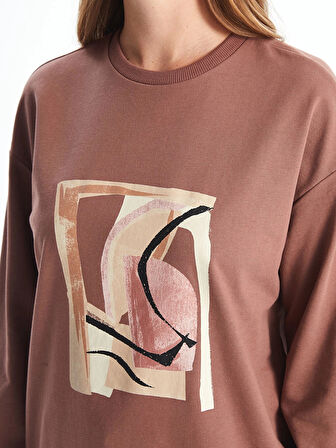 LCWAIKIKI Basic Kahverengi Bisiklet Yaka Baskılı Oversize Kadın Sweatshirt Tunik