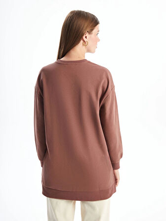 LCWAIKIKI Basic Kahverengi Bisiklet Yaka Baskılı Oversize Kadın Sweatshirt Tunik