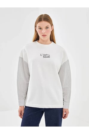 LCW Vision Ekru Bisiklet Yaka Baskılı Oversize Kadın Kalın Sweatshirt
