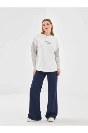 LCW Vision Ekru Bisiklet Yaka Baskılı Oversize Kadın Kalın Sweatshirt