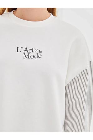 LCW Vision Ekru Bisiklet Yaka Baskılı Oversize Kadın Kalın Sweatshirt