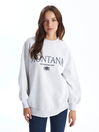 LCW Vision Gri Bisiklet Yaka Baskılı Oversize Kadın Kalın Sweatshirt
