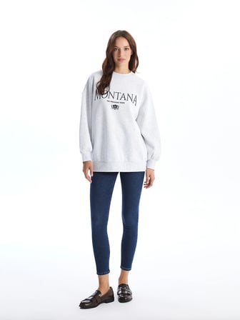 LCW Vision Gri Bisiklet Yaka Baskılı Oversize Kadın Kalın Sweatshirt
