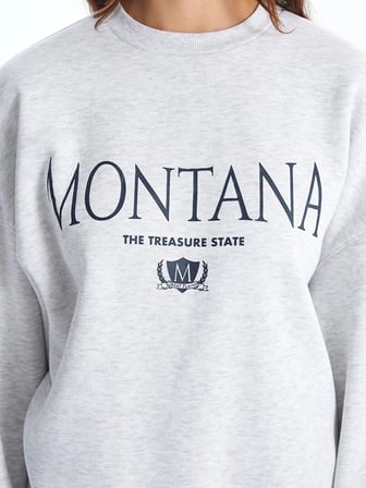 LCW Vision Gri Bisiklet Yaka Baskılı Oversize Kadın Kalın Sweatshirt