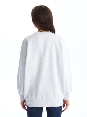 LCW Vision Gri Bisiklet Yaka Baskılı Oversize Kadın Kalın Sweatshirt