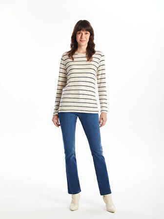 LCWAIKIKI Classic EKRU Bisiklet Yaka Çizgili Kadın Tişört