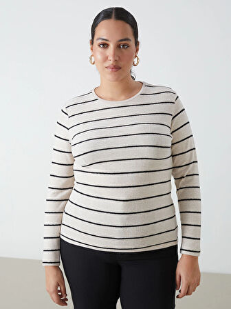 LCWAIKIKI Classic EKRU Bisiklet Yaka Çizgili Kadın Tişört