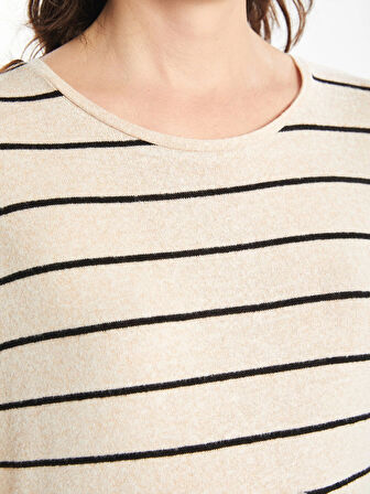 LCWAIKIKI Classic EKRU Bisiklet Yaka Çizgili Kadın Tişört