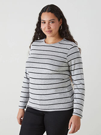 LCWAIKIKI Classic GRİ Bisiklet Yaka Çizgili Kadın Tişört