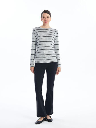 LCWAIKIKI Classic GRİ Bisiklet Yaka Çizgili Kadın Tişört