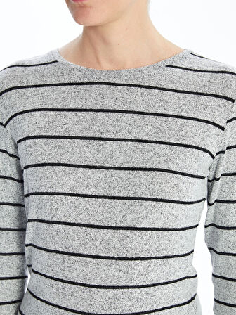 LCWAIKIKI Classic GRİ Bisiklet Yaka Çizgili Kadın Tişört