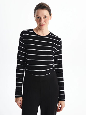 LCWAIKIKI Classic SİYAH Bisiklet Yaka Çizgili Kadın Tişört
