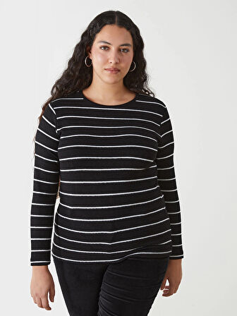 LCWAIKIKI Classic SİYAH Bisiklet Yaka Çizgili Kadın Tişört