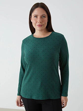 LCWAIKIKI Classic Yeşil Bisiklet Yaka Puantiyeli Kadın Tişört