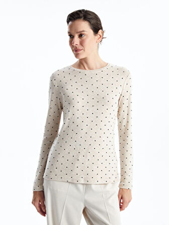 LCWAIKIKI Classic Bej Bisiklet Yaka Puantiyeli Kadın Tişört