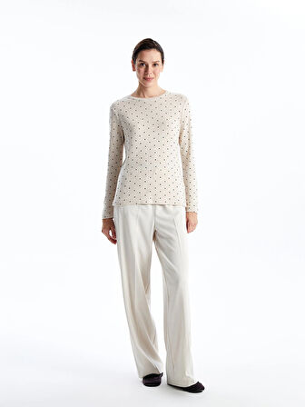 LCWAIKIKI Classic Bej Bisiklet Yaka Puantiyeli Kadın Tişört