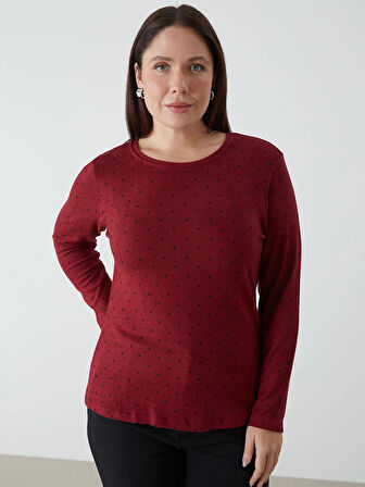 LCWAIKIKI Classic Bordo Bisiklet Yaka Puantiyeli Kadın Tişört