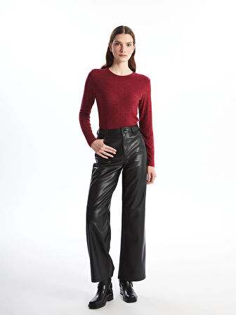 LCWAIKIKI Classic Bordo Bisiklet Yaka Puantiyeli Kadın Tişört