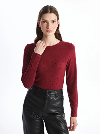 LCWAIKIKI Classic Bordo Bisiklet Yaka Puantiyeli Kadın Tişört