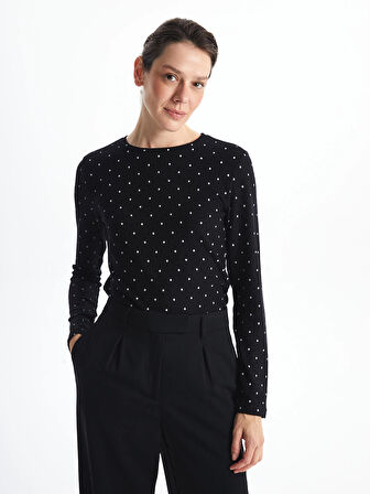 LCWAIKIKI Classic Beyaz Bisiklet Yaka Puantiyeli Kadın Tişört