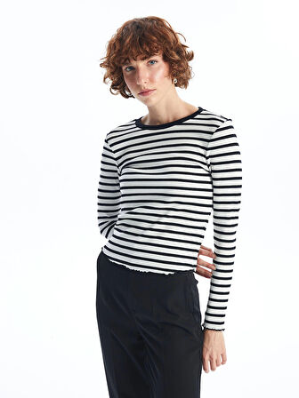 LCW Vision Siyah Bisiklet Yaka Çizgili Kadın Tişört