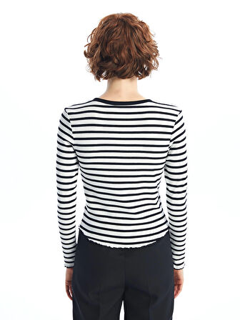 LCW Vision Siyah Bisiklet Yaka Çizgili Kadın Tişört