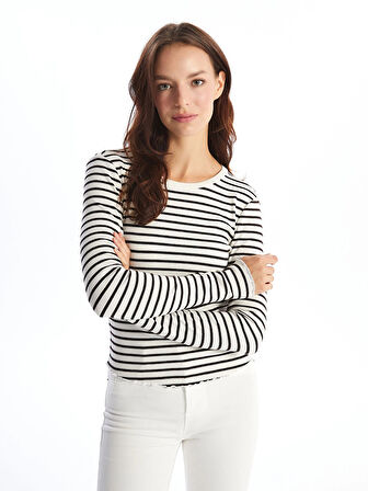 LCW Vision Beyaz Bisiklet Yaka Çizgili Kadın Tişört