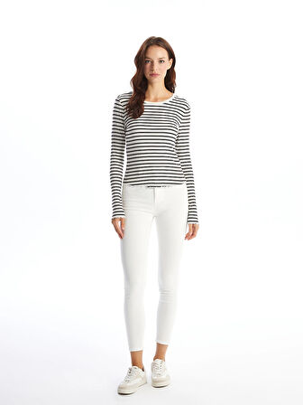 LCW Vision Beyaz Bisiklet Yaka Çizgili Kadın Tişört