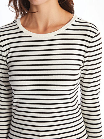 LCW Vision Beyaz Bisiklet Yaka Çizgili Kadın Tişört