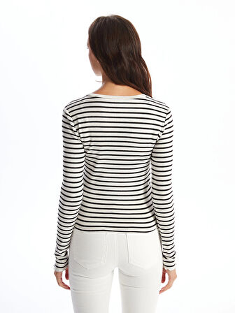 LCW Vision Beyaz Bisiklet Yaka Çizgili Kadın Tişört