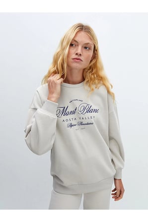 LCW Vision  Bisiklet Yaka Baskılı Oversize Kadın Kalın Sweatshirt