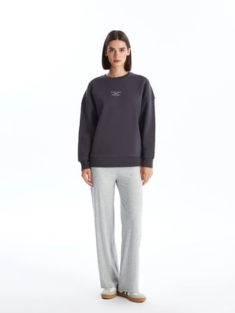 LCW Vision Antrasit Bisiklet Yaka Baskılı Oversize Kadın Kalın Sweatshirt