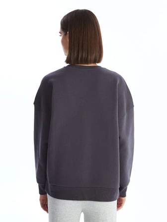 LCW Vision Antrasit Bisiklet Yaka Baskılı Oversize Kadın Kalın Sweatshirt