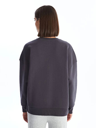 LCW Vision Antrasit Bisiklet Yaka Baskılı Oversize Kadın Kalın Sweatshirt