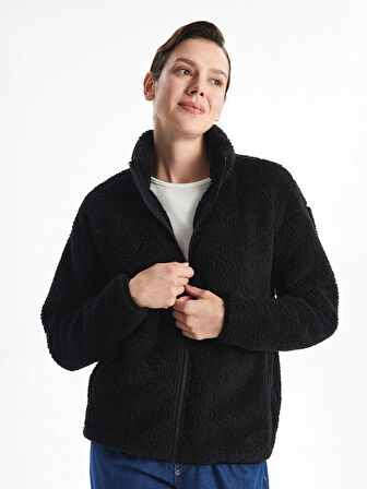 LCWAIKIKI Basic Siyah Dik Yaka Pelüş Kadın Fermuarlı Sweatshirt