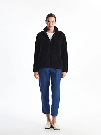 LCWAIKIKI Basic Siyah Dik Yaka Pelüş Kadın Fermuarlı Sweatshirt