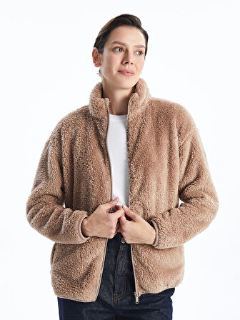 LCWAIKIKI Basic Kahverengi Dik Yaka Pelüş Kadın Fermuarlı Sweatshirt