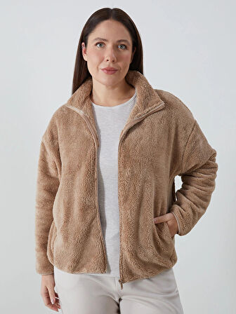 LCWAIKIKI Basic Kahverengi Dik Yaka Pelüş Kadın Fermuarlı Sweatshirt