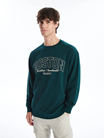 XSIDE Yeşil Bisiklet Yaka Baskılı Erkek Kalın Sweatshirt