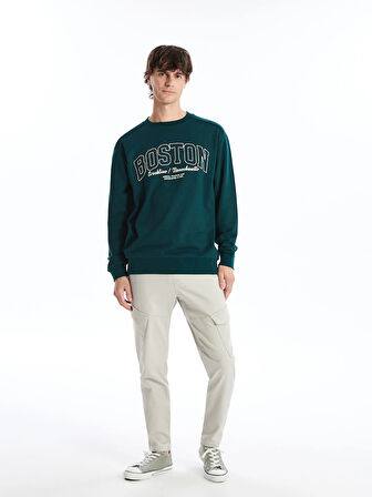 XSIDE Yeşil Bisiklet Yaka Baskılı Erkek Kalın Sweatshirt