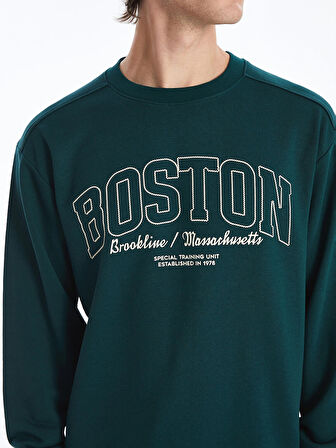 XSIDE Yeşil Bisiklet Yaka Baskılı Erkek Kalın Sweatshirt