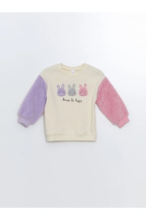 Lcw Kids Ekru Bisiklet Yaka Kalın Baskılı Kız Bebek Sweatshirt