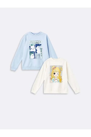 LCW Kids Ekru Bisiklet Yaka Kız Çocuk Kalın Sweatshirt 2'li