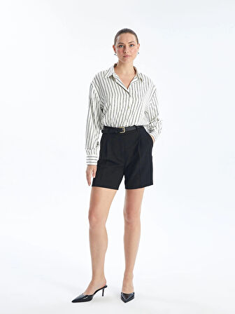 LCW Vision EKRU Çizgili Uzun Kollu Oversize Saten Kadın Gömlek