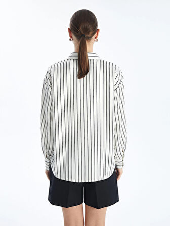 LCW Vision EKRU Çizgili Uzun Kollu Oversize Saten Kadın Gömlek