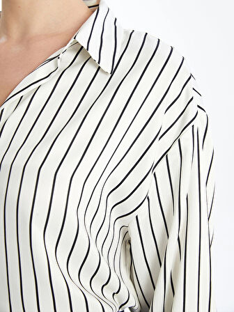 LCW Vision EKRU Çizgili Uzun Kollu Oversize Saten Kadın Gömlek